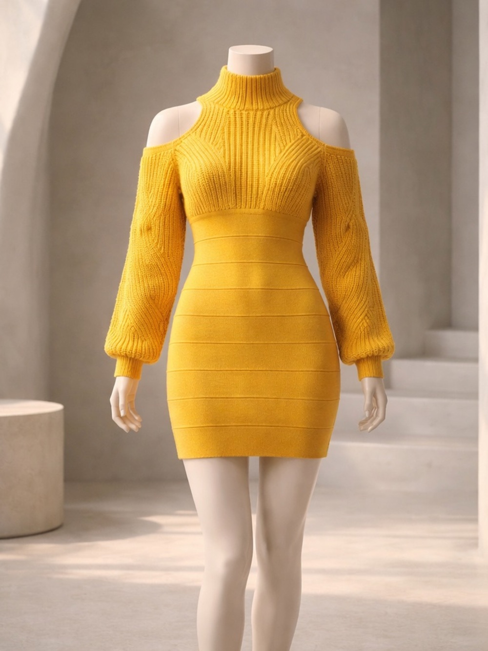 Herve Leger Yellow Mustard Colored Cold-Shoulder Knit Bodycon Dress